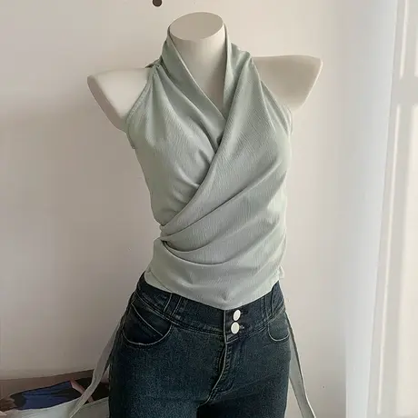 港风复古气质性感绑带收腰褶皱挂脖V领背心短款无袖度假上衣夏图片