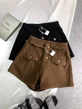 韩版排扣加绒牛仔短裤女2023冬季新款小众显瘦百搭高腰阔腿a字裤商品大图