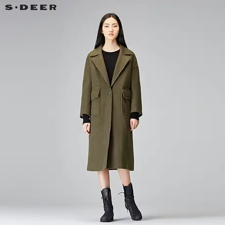 sdeer圣迪奥2019冬新品军绿中长款羊毛毛呢直筒大衣女S17481863图片