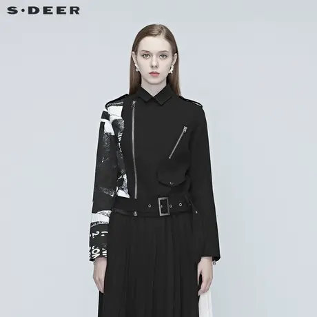 sdeer圣迪奥春装休闲翻领时尚印花收腰黑色短款外套女S20382207图片