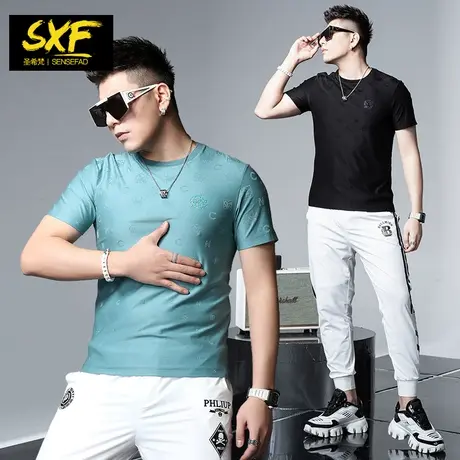 SXF圣希梵短袖男 夏季新款男装提花刺绣修身半袖上衣潮流男士t恤商品大图