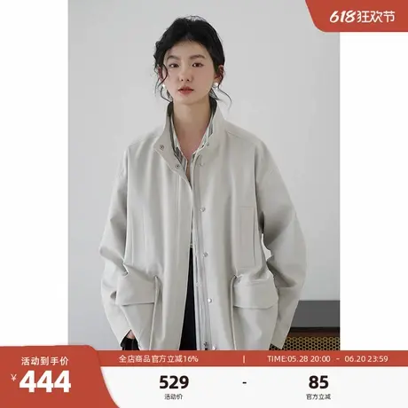 嘉茱莉2025春季新款小个子中长款风衣女宽松休闲立领外套抽绳上衣商品大图
