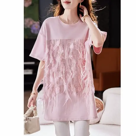 宝诗黎中长款亮片流苏T恤2025夏季韩版宽松百搭时尚休闲短袖上衣图片