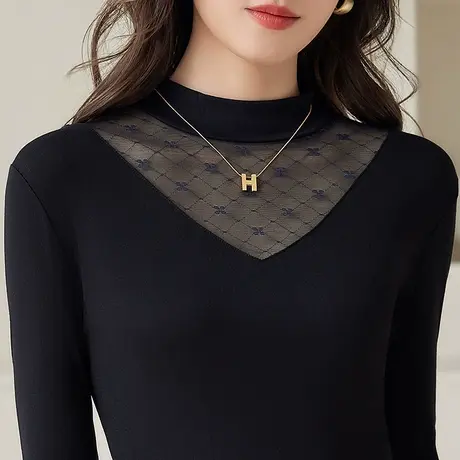 五公主半高领蕾丝打底衫秋冬新款妈妈洋气小衫黑色内搭外穿上衣薄商品大图