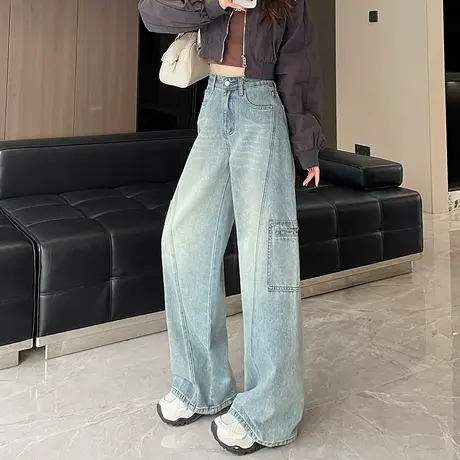 酷拽炸街工装大口袋牛仔裤女春季设计感小众直筒宽松镰刀阔腿裤商品大图