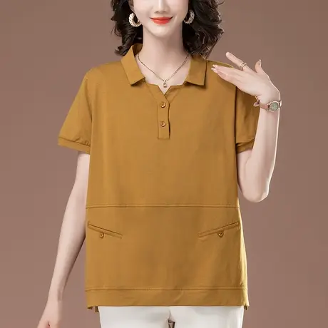 妈妈翻领短袖T恤女夏季新款宽松加大码女装中老年人休闲显瘦上衣商品大图