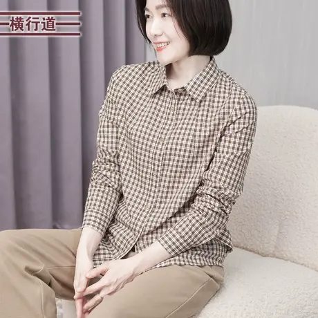 宽松翻领长袖格子女装全棉衬衫外套2025春季新款大码春装韩版衬衣商品大图
