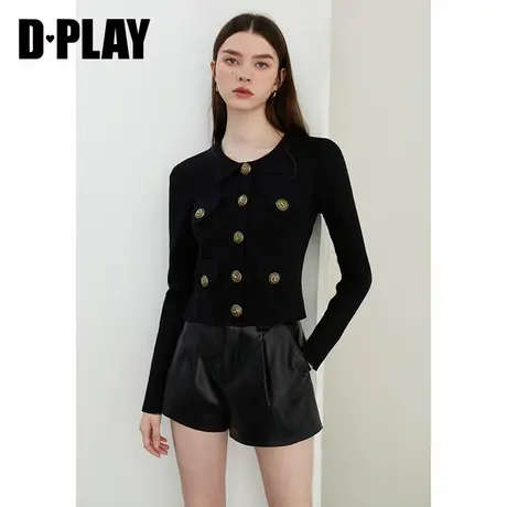 DPLAY【惠品】秋通勤风黑色翻领针织开衫长袖针织外套上衣女商品大图