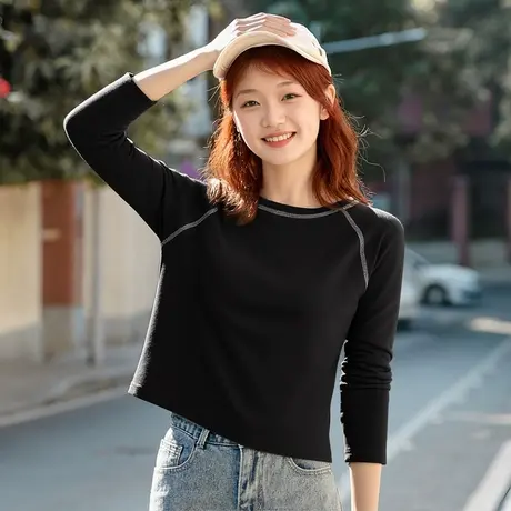 KWV真维斯黑色长袖t恤女2025新款内搭打底衫女士修身黑色衣女春秋图片