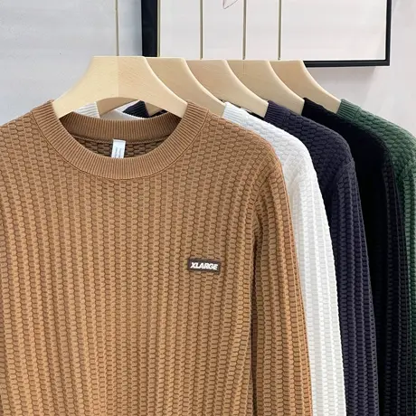 亲肤美式休闲肌理感针法圆领毛衣男保暖慵懒内搭打底针织衫男秋冬图片