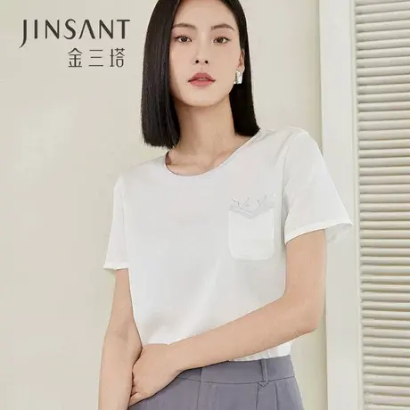 银花】金三塔桑蚕丝弹力双乔烫银植物印花舒适时尚圆领上衣T小衫商品大图