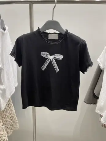 韩国东大门2024春夏新款时尚蕾丝拼接蝴蝶结印花圆领短袖T恤女潮商品大图