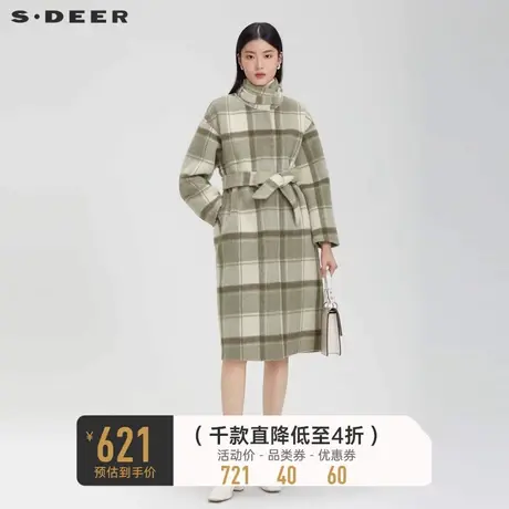 sdeer圣迪奥女装立领格纹收腰长款毛呢大衣S223Z2506💓商品大图