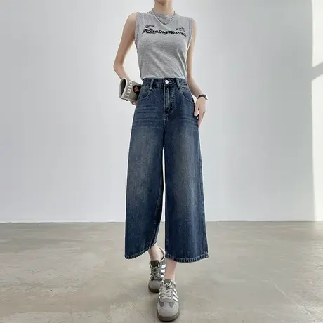 复古高腰八分牛仔裤女2025春夏小个子七分裤子宽松显瘦直筒阔腿裤商品大图