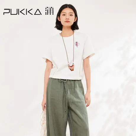 蒲PUKKA 极简运动风T恤女夏季新品短袖拼接刺绣棉麻上衣图片