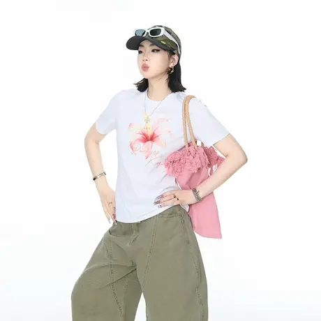 2025夏季新款短款修身正肩短袖T恤女创意印花美式甜辣风半袖上衣图片