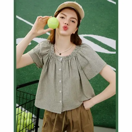 a02日系复古设计感木耳边条纹娃娃衫夏季休闲女式衬衫商品大图