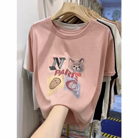 2025夏装新款韩版百搭t恤宽松显瘦字母猫咪雪花棉圆领短袖上衣女商品大图