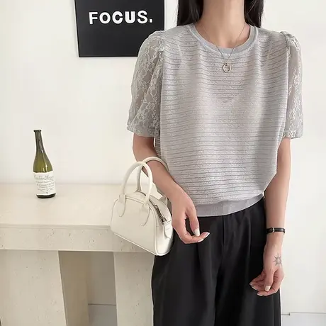 淡人穿搭蕾丝拼接短袖t恤女2025新款春夏季薄款针织衫设计感上衣图片