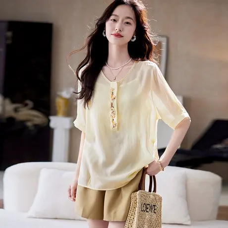 宝诗黎圆领钉珠短袖天丝衬衫2025夏季百搭洋气休闲薄款镂空衬衣女商品大图