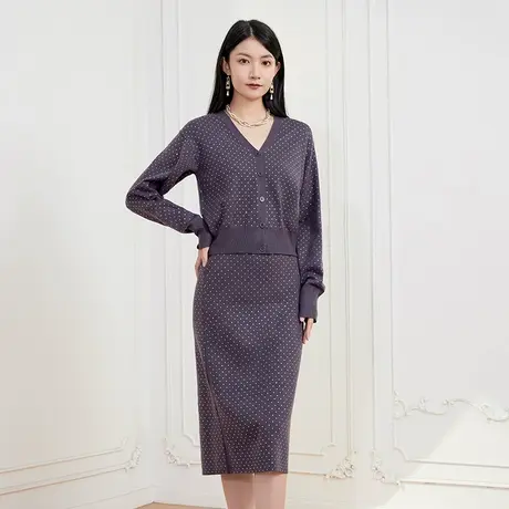 希区瑞普镶钻灰色法式钻饰时尚百搭直筒开叉V领针织衫半身裙套装商品大图