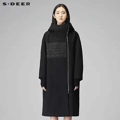 sdeer圣迪奥2019冬装字母防风连帽长款毛呢大衣S17481894图片