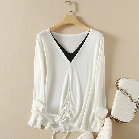 美丽诺羊毛针织假两件春装女2024新款宽松软糯内搭打底衫外套毛衣图片