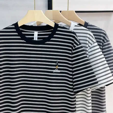 简约刺绣条纹短袖t恤男潮牌潮流衣服2025夏季新款男士高端半截袖商品大图