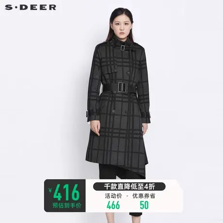 sdeer圣迪奥女装春秋装双排扣格纹收腰不规则长款风衣S21381818图片
