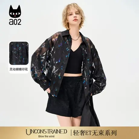a02【ET自然系列】黑色设计感翻领衬衫外套女2025新款夏季衬衣商品大图