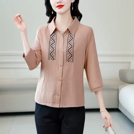 中年妈妈衬衣夏季新款气质女士纯棉衬衫胖MM宽松遮肉七分袖女上衣图片