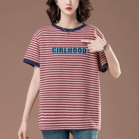 妈妈条纹短袖T恤女夏季宽松加肥加大码女装中年印花百搭显瘦体恤图片