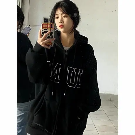 美式hiphop卫衣女2024春秋小个子宽松韩系慵懒风连帽薄款开衫外套图片