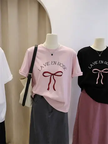 蝴蝶结印花短袖t恤女夏季2024新款韩版时尚百搭宽松显瘦圆领上衣商品大图