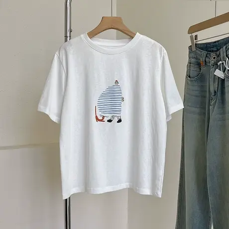 雪花棉薄款蓝胖胖印花短袖T恤夏季百搭圆领短袖tee减龄打底衫潮商品大图