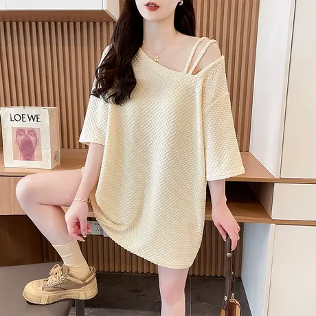 露肩性感短袖t恤女夏季韩版宽松大码女装中长款下衣失踪百搭上衣图片