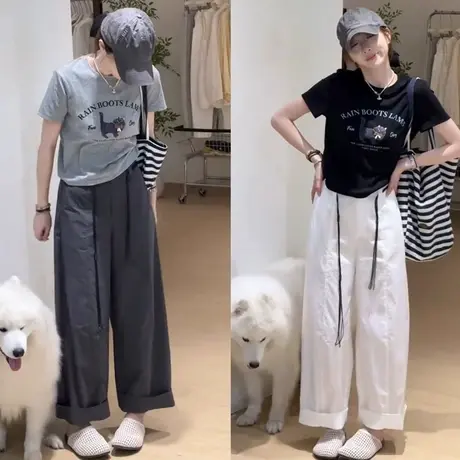 韩系工装时尚休闲裤子2025新款今年流行爆款夏季高腰宽松阔腿长裤商品大图