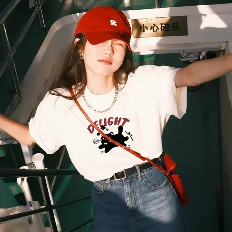 KMV真维斯白色纯棉短袖t恤女夏季2025新款港风宽松大码设计感上衣商品大图