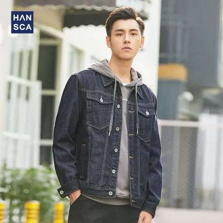 汉斯卡黑色牛仔外套男2024秋冬季宽松修身复古青年牛仔上衣夹克潮商品大图