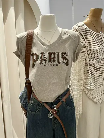 正肩t恤女夏季短袖修身收腰短款美式水洗做旧复古字母v领垫肩上衣商品大图