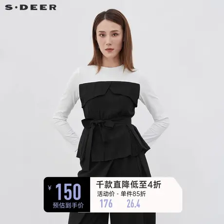 sdeer圣迪奥女春装时尚圆领黑白拼接收腰长袖T恤S221Z0205➰商品大图