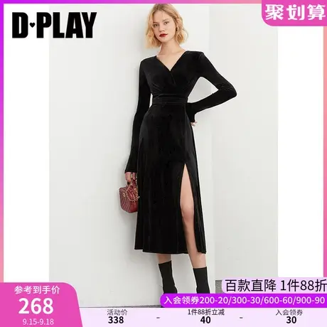 DPLAY秋装气质V领复古时尚长裙赫本风高开衩丝绒连衣裙图片