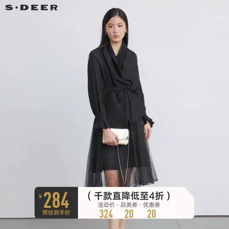 sdeer圣迪奥女装秋季肌理收腰网纱两件套黑色长袖连衣裙S223Z128D❇商品大图