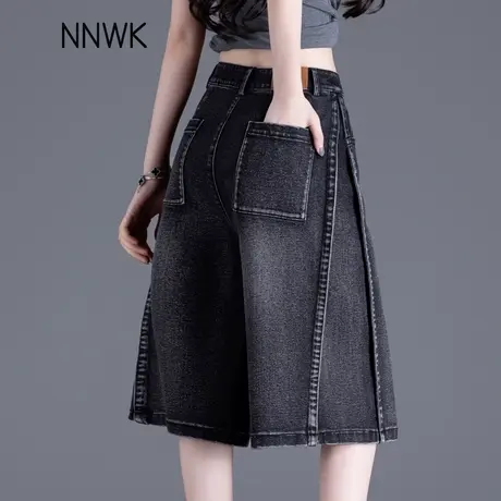 黑色高腰五分牛仔裤女夏薄款2025新款阔腿短裤过膝六分直筒中裤图片