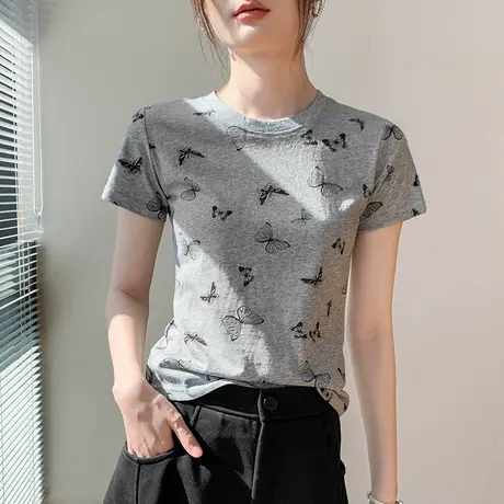 法式复古风蝴蝶印花短袖T恤女2025春夏新款宽松休闲显瘦别致上衣商品大图