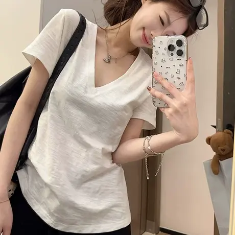 chic甜辣竹节棉短袖T恤女夏季韩版修身打底衫内搭V领正肩半袖上衣图片
