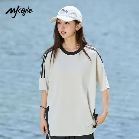MJ STYLE夏季新款拼接透气T恤休闲男女五分袖短款宽松情侣薄上衣商品大图