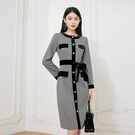 希区瑞普经典小香风裙撞色边圆领长袖收腰系带显瘦中长款连衣裙商品大图