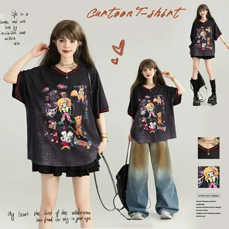 KEIKO 艺术插画图案V领短袖t恤女2025夏季美式运动风宽松休闲上衣图片