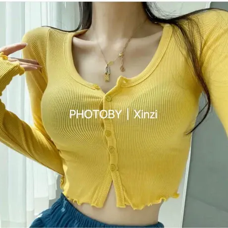 现货 东大门 新款糖果色一排扣圆领针织开衫修身长袖小衫图片